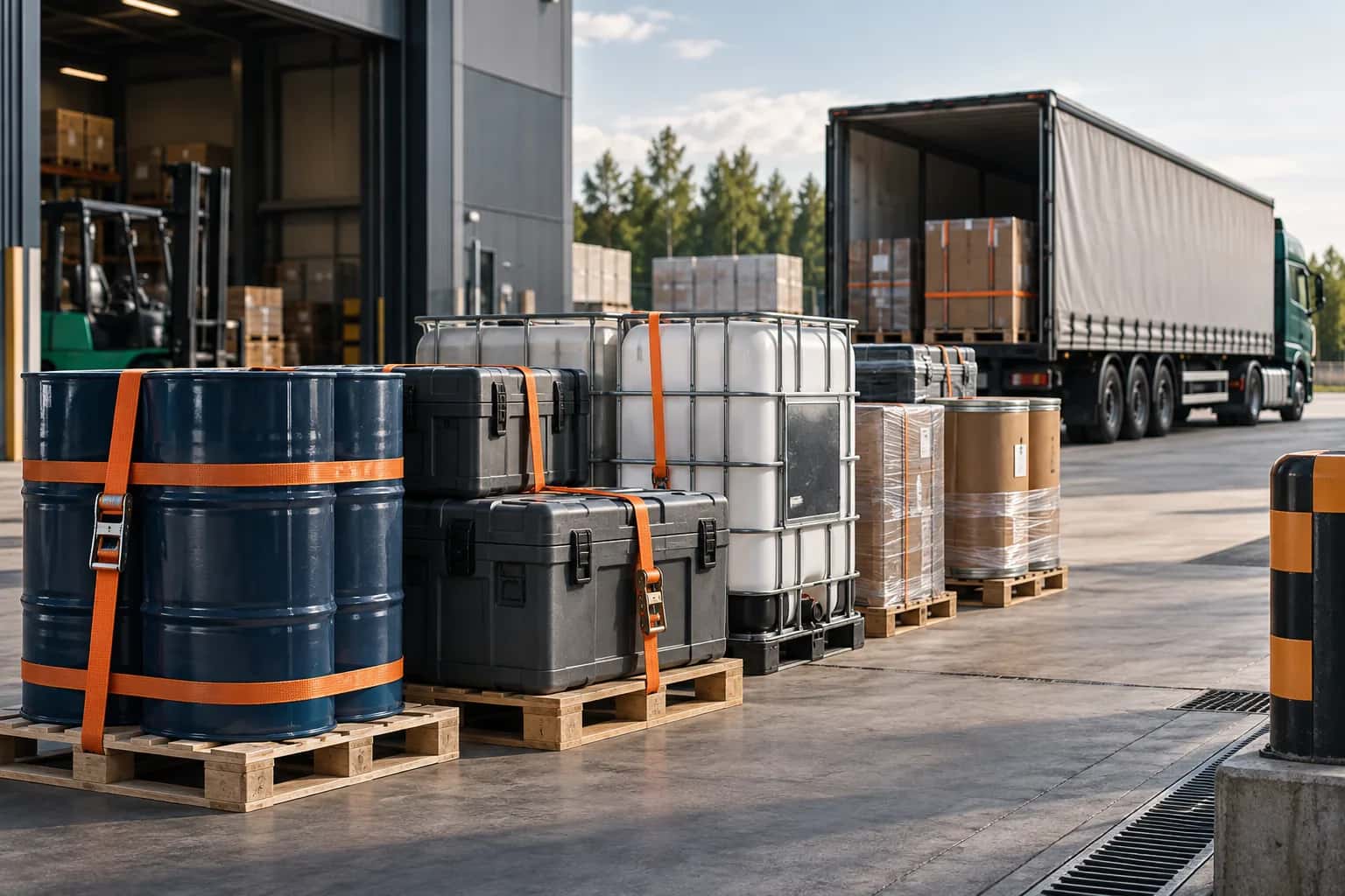AI illustration of industrial cargo preparation: closed drums, containers and crates on pallets