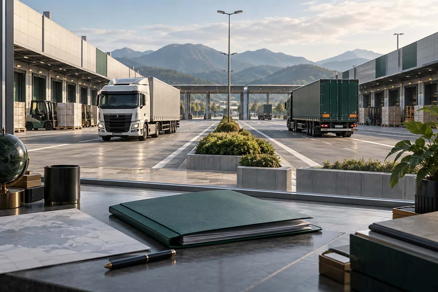 AI illustration of international road logistics: trucks in opposing terminal lanes and a document folder