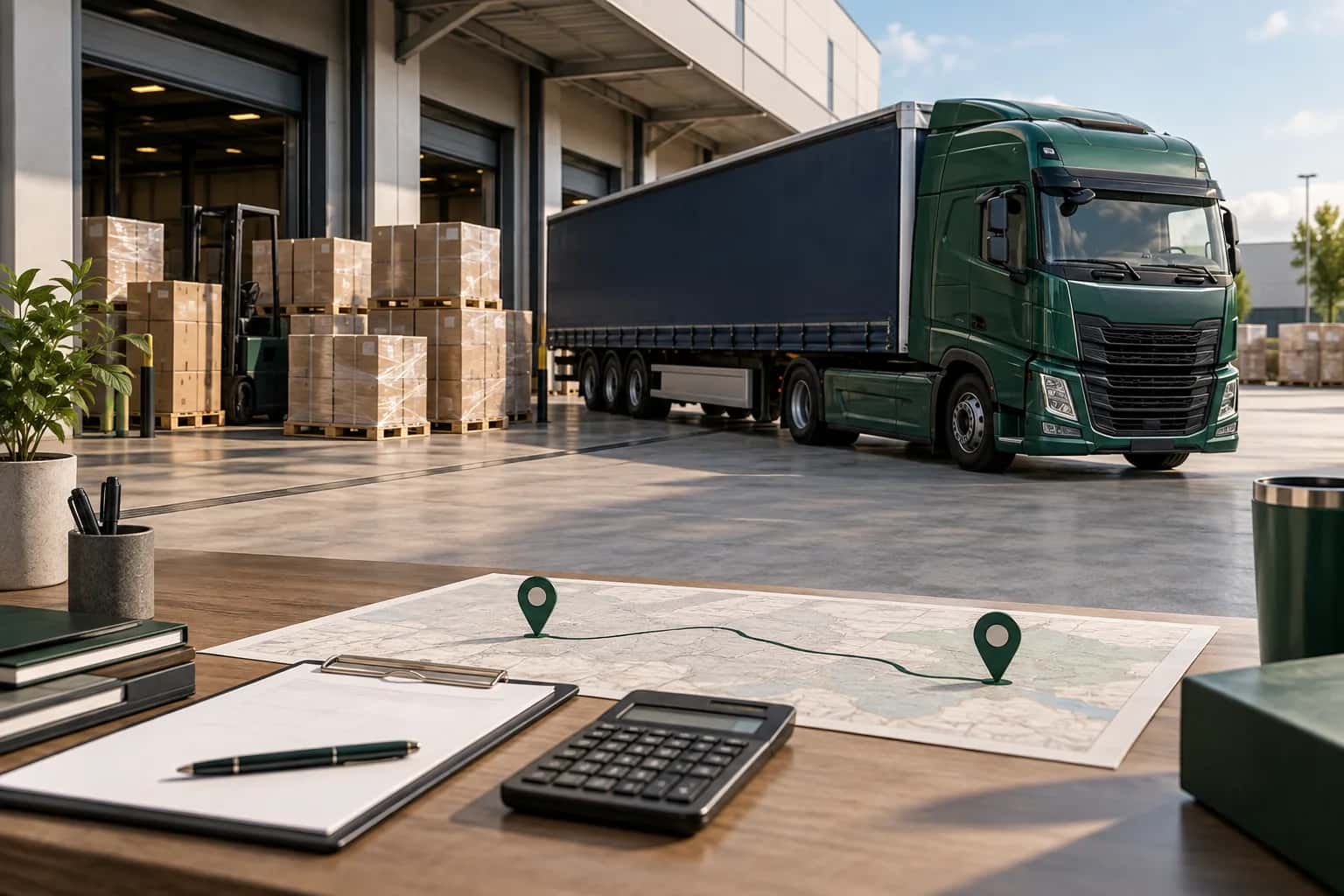 AI illustration of an FTL quotation: a truck at a warehouse, a calculator and an illustrative route on a desk