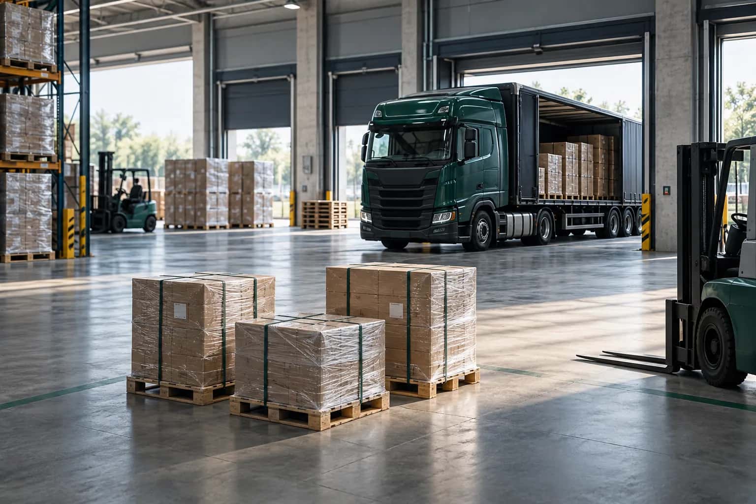 AI illustration of the LTL and FTL choice: three pallets of boxes and a freight semi-trailer at a warehouse