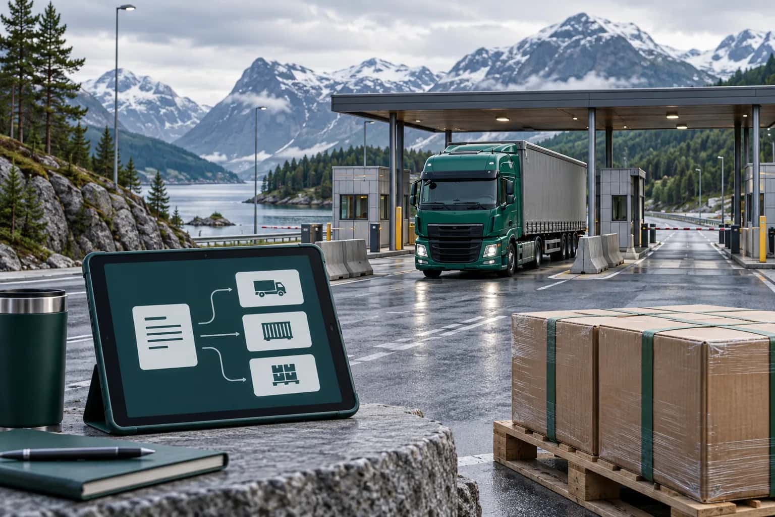 AI illustration of digital road freight preparation: a truck, pallets and a tablet at a fictional northern terminal