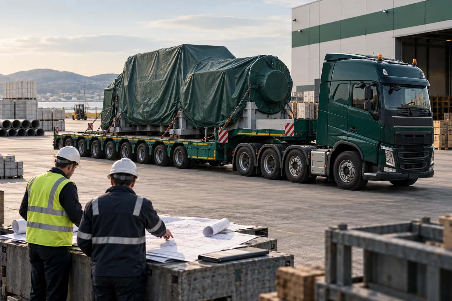 AI illustration of oversized transport planning: covered equipment on a multi-axle platform trailer