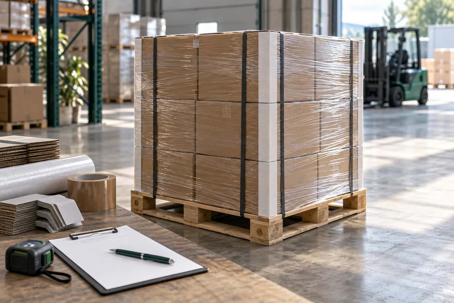 AI illustration of pallet preparation: boxes, protective corners, wrapping and packaging materials