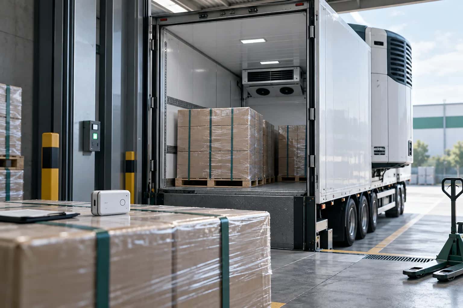 AI illustration of refrigerated transport: sealed boxes in a semi-trailer and a temperature logger
