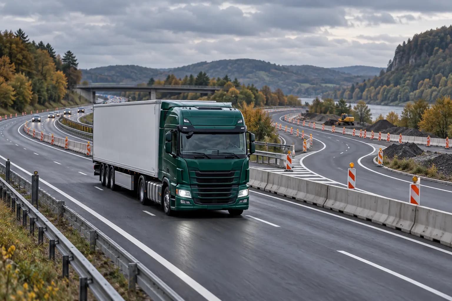 Green truck on a divided motorway beside roadworks barriers