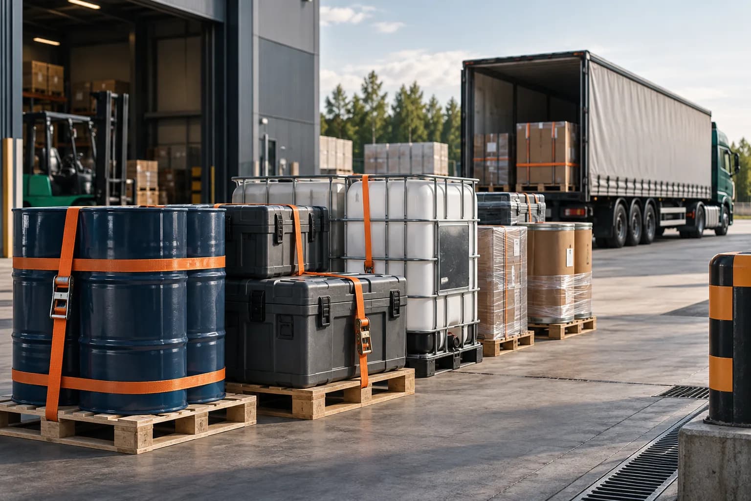 AI illustration of industrial cargo preparation: closed drums, containers and crates on pallets