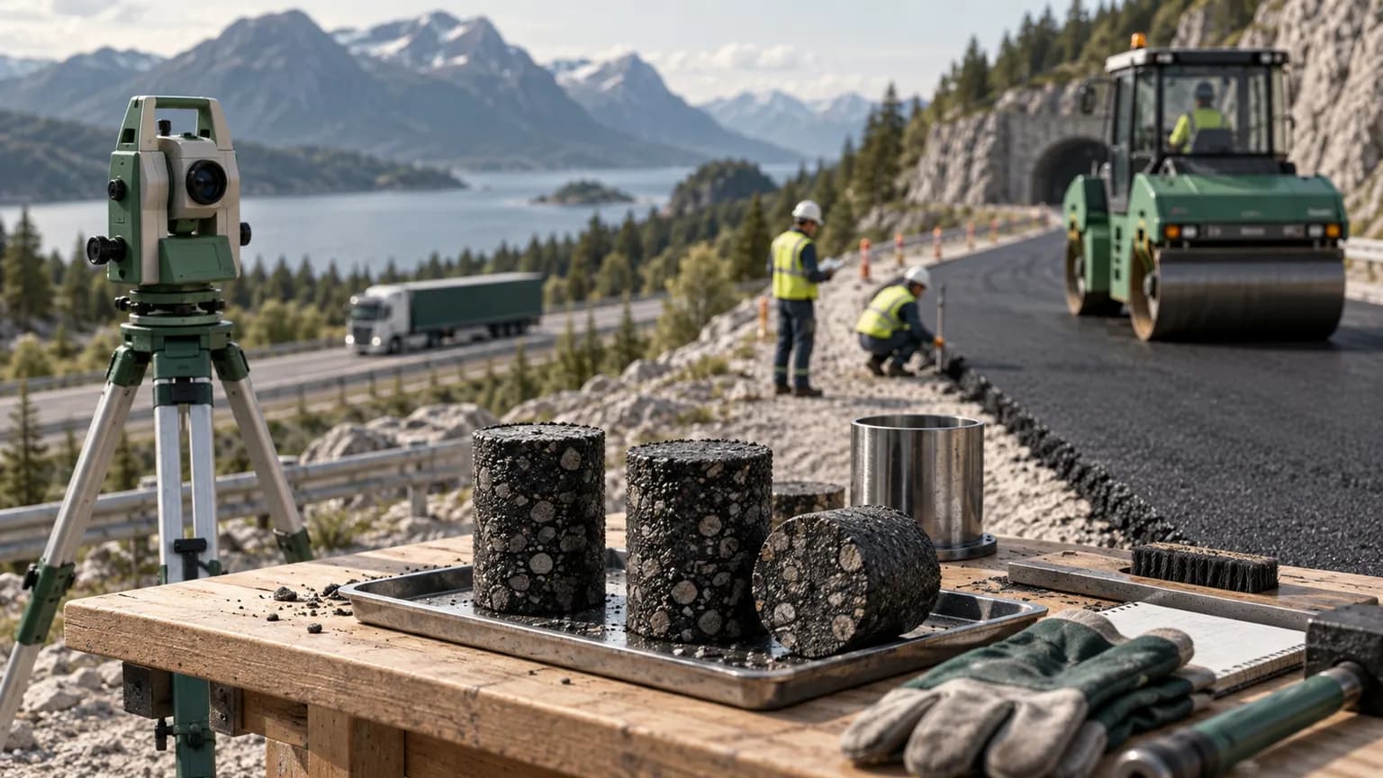 Asphalt samples, a surveying instrument and roadworks