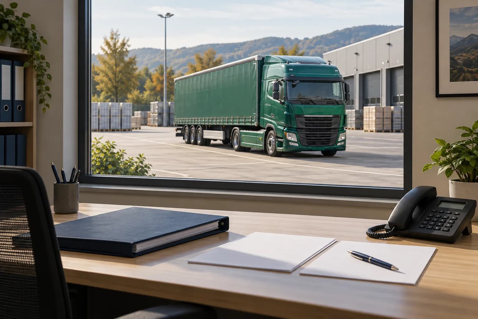 AI illustration of checking a shipment plan: a dispatch desk and a truck in the yard outside the window