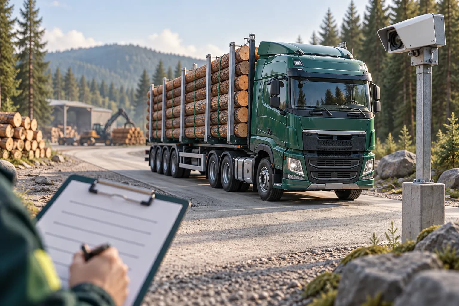 A truck carrying secured logs, a camera and a form for checking details