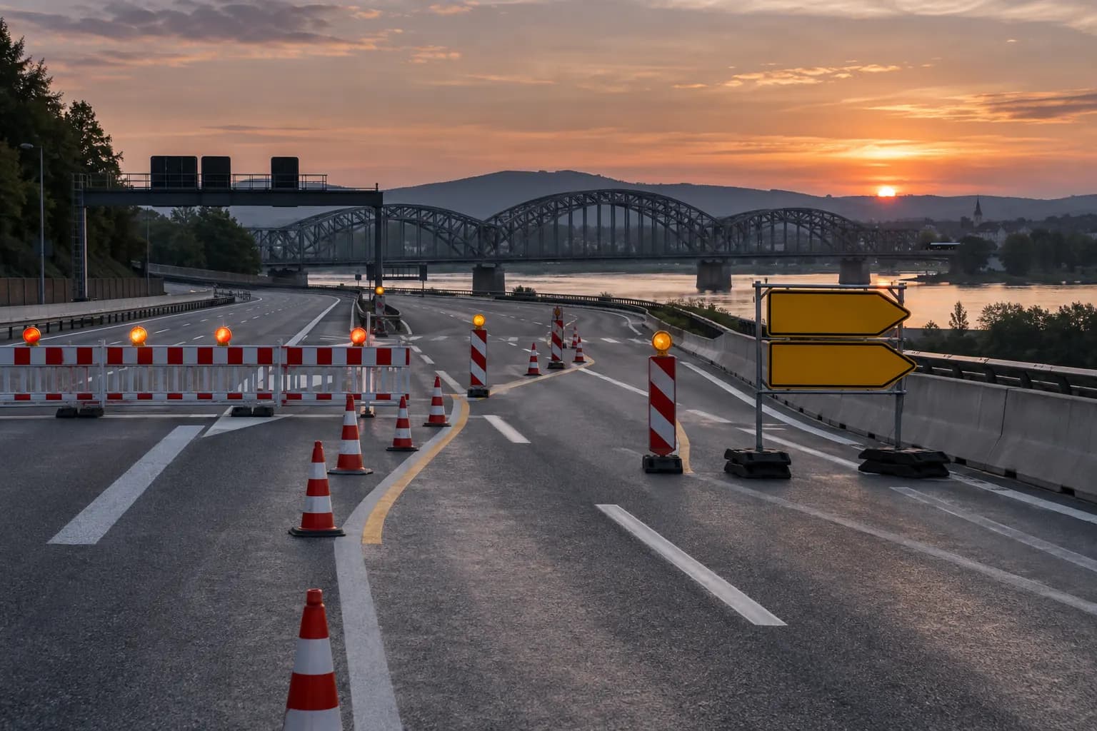 Closed motorway section at sunset with barriers, cones and blank detour boards