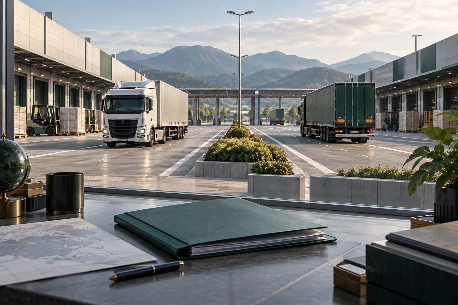 AI illustration of international road logistics: trucks in opposing terminal lanes and a document folder