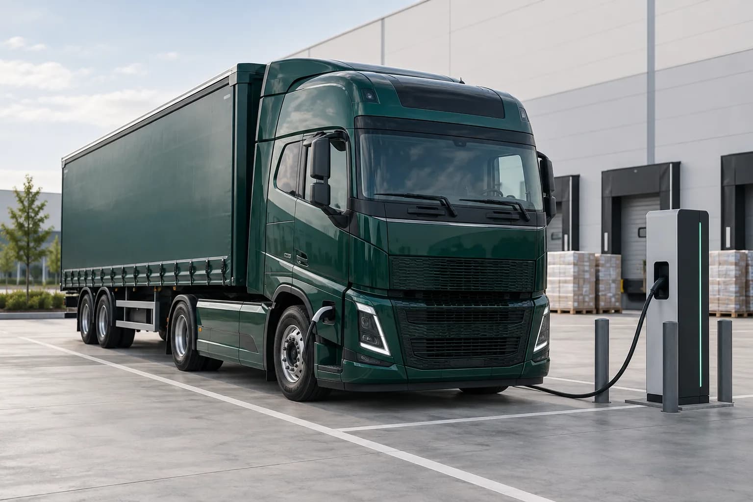 AI illustration of electric freight transport: a tractor unit at a charging station in a warehouse yard