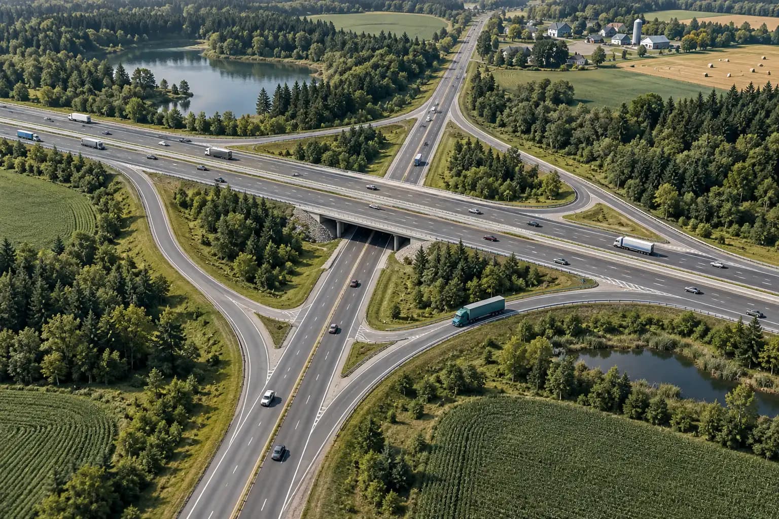 ИИ-иллюстрация: грузовик на съезде с условной автомагистрали