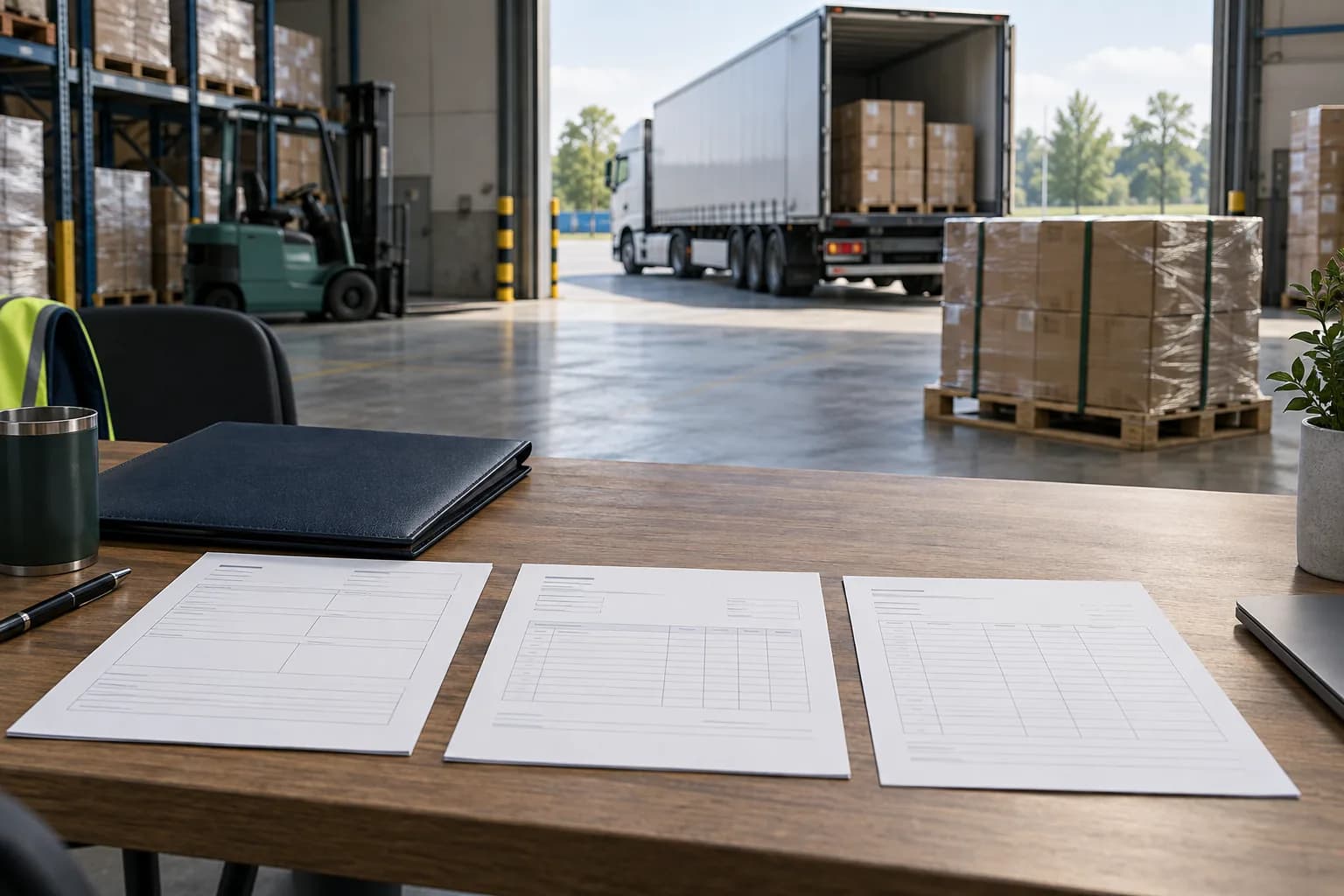 AI illustration of freight document checks: three illustrative forms, a folder and palletised cargo