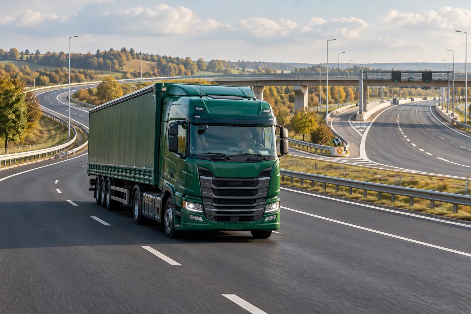 A green truck beside a motorway interchange and overpass