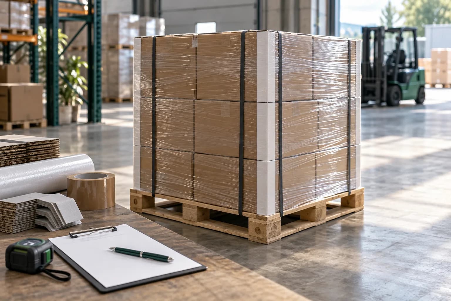 AI illustration of pallet preparation: boxes, protective corners, wrapping and packaging materials