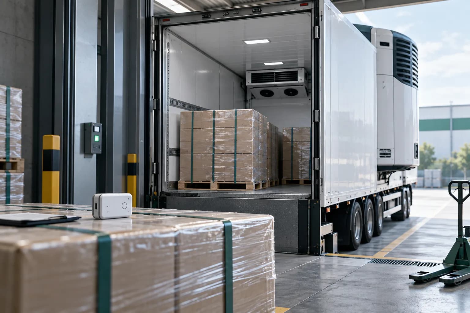 AI illustration of refrigerated transport: sealed boxes in a semi-trailer and a temperature logger