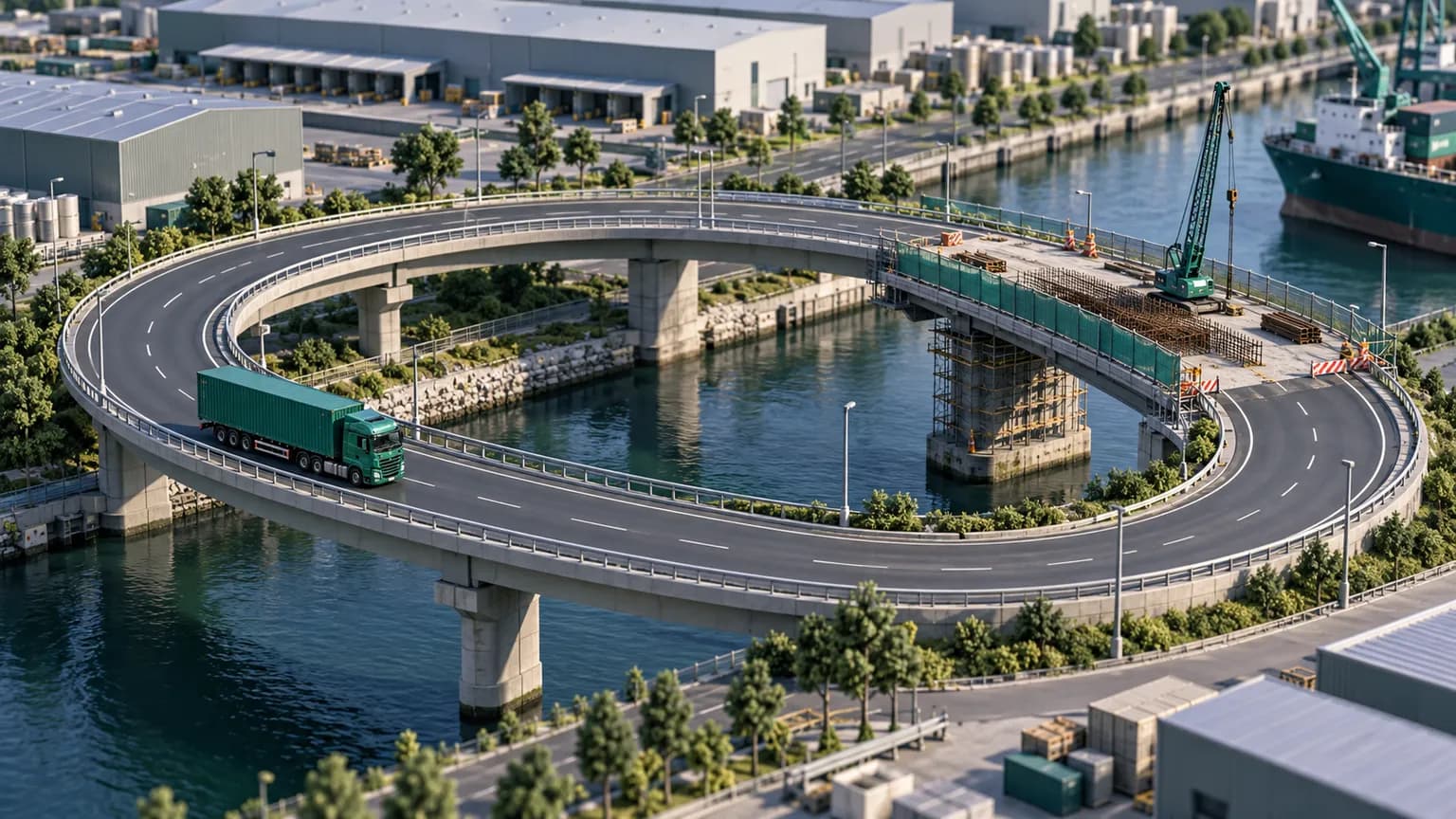 AI illustration: junction repairs beside industrial warehouses