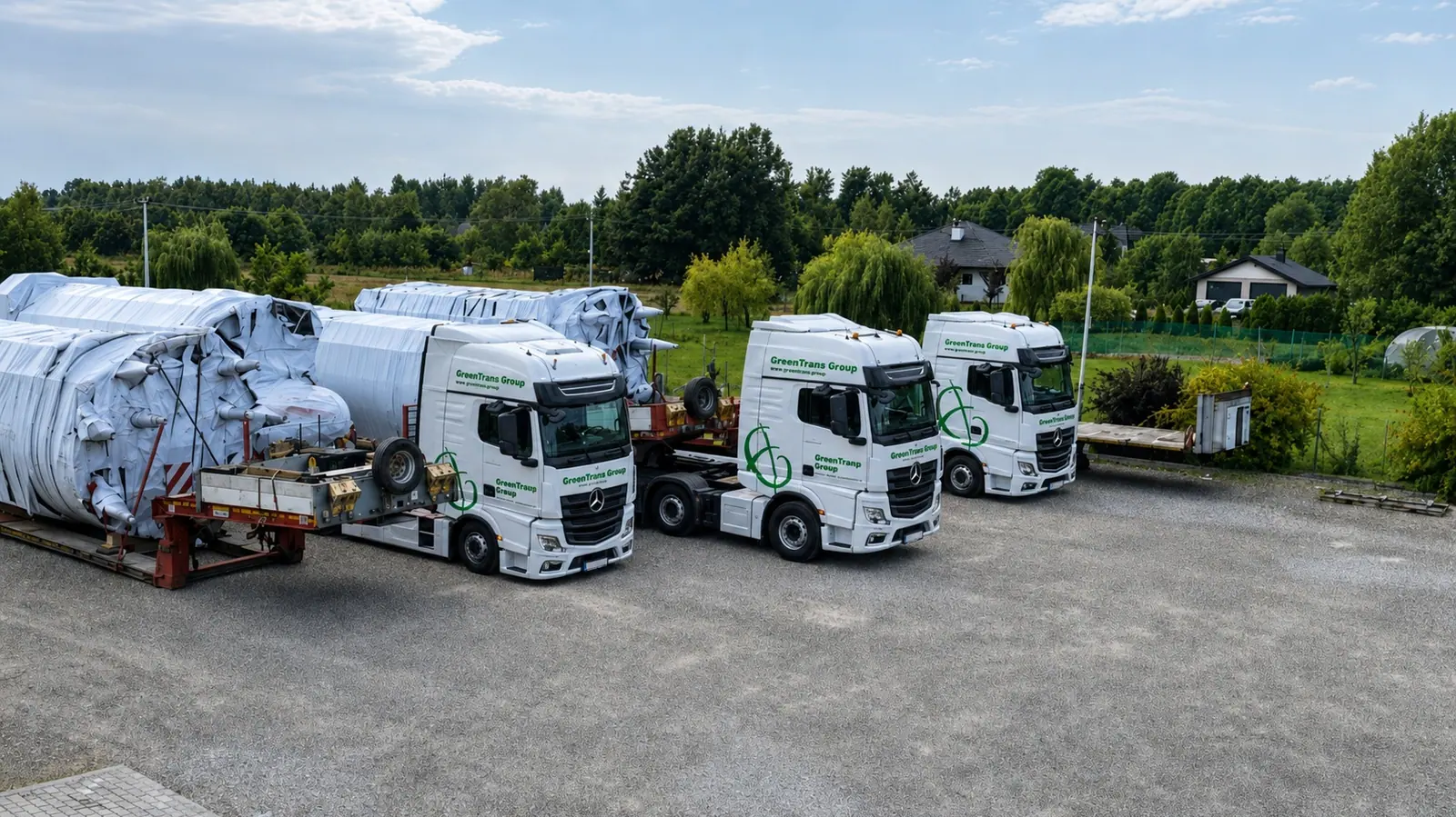 Три тягача GreenTrans Group с негабаритным промышленным оборудованием на площадке